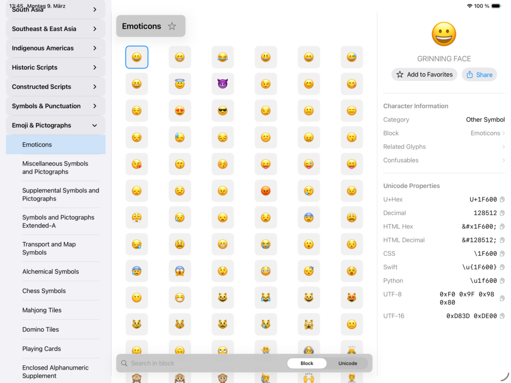 Ansicht des Unicode Companion auf dem iPad mit dem ausgewählten Emoticons-Block.