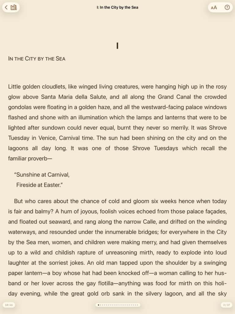 Text page on the iPad in portrait mode with sepia text