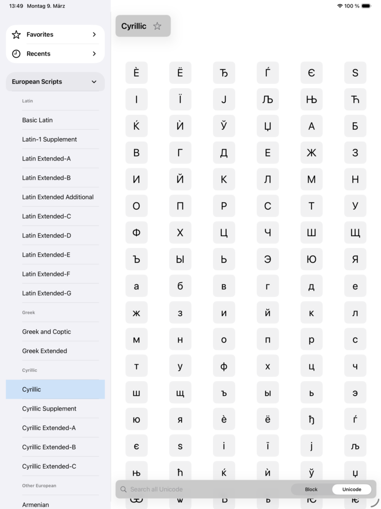 Grid view of the Unicode Companion