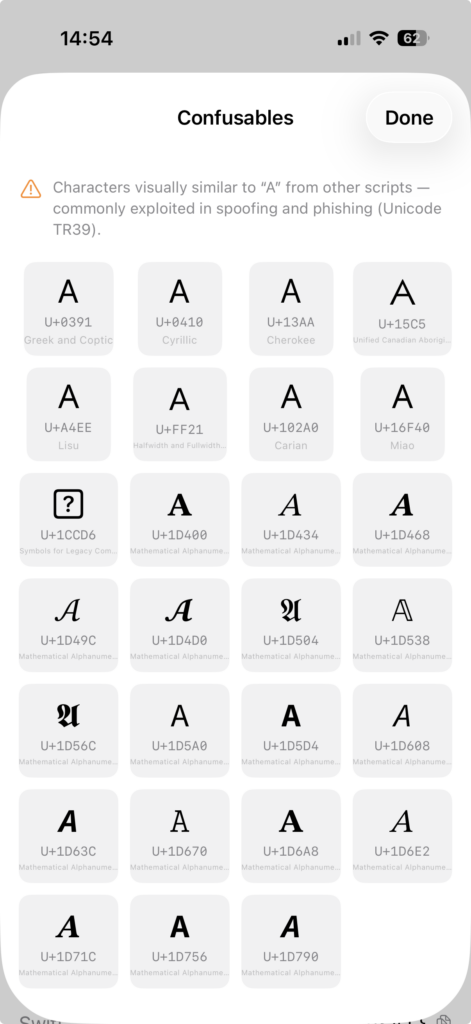Grid with confusable characters of A