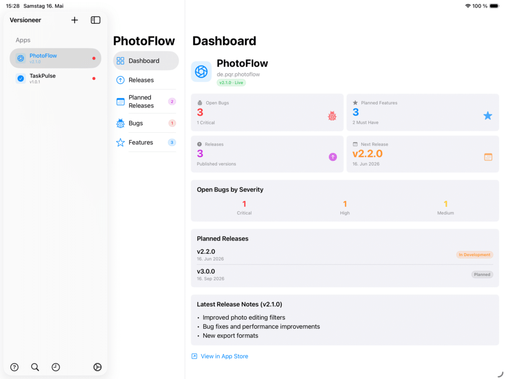 Dashboard of the Versioneer on the iPad in landscape mode