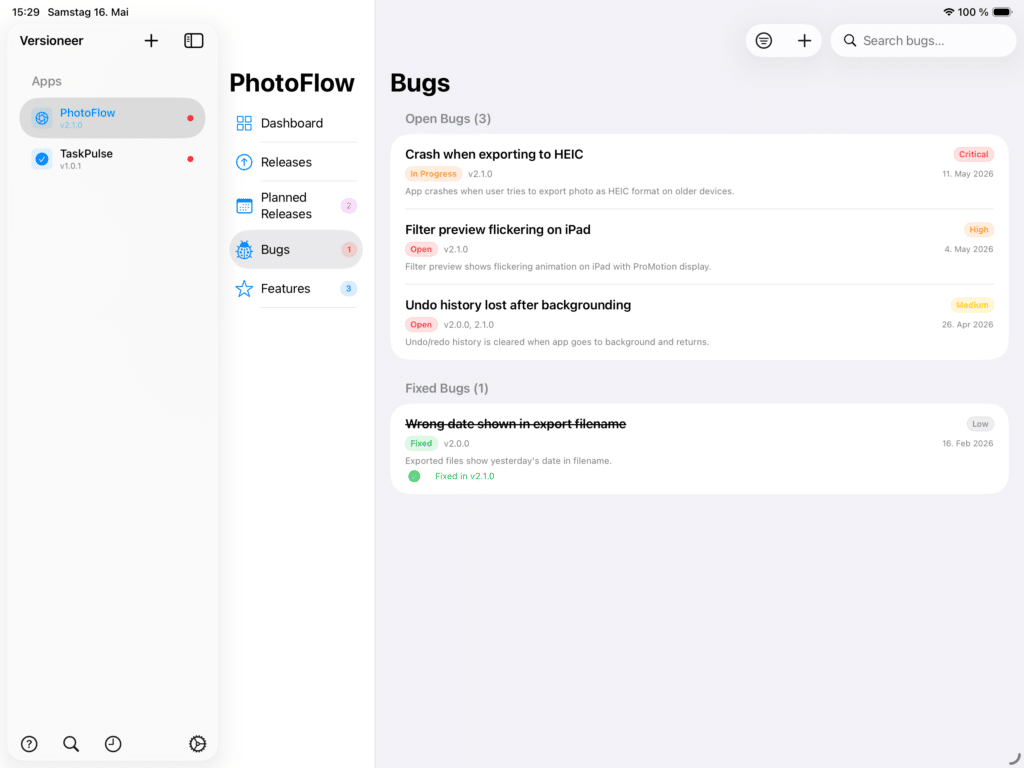 Bugs list of the Versioneer on the iPad in landscape mode.