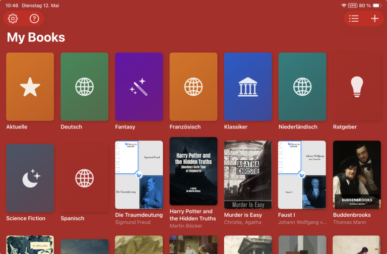 Screenshot of library view with coloured background