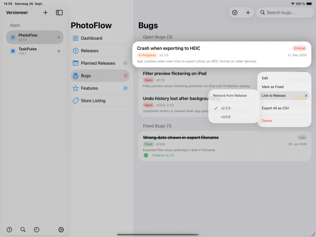 Linking a Bug to a Release Screenshot