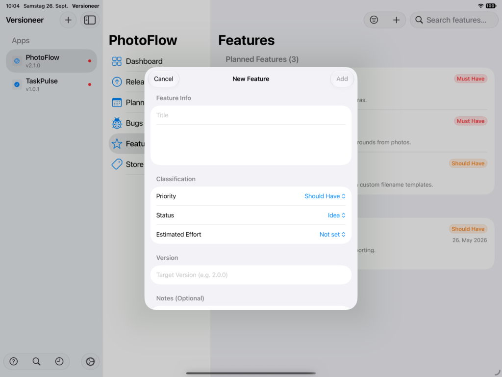 New Feature Form Screenshot
