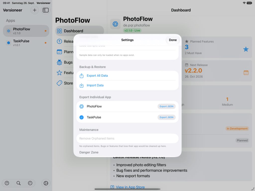 Settings Export Screenshot