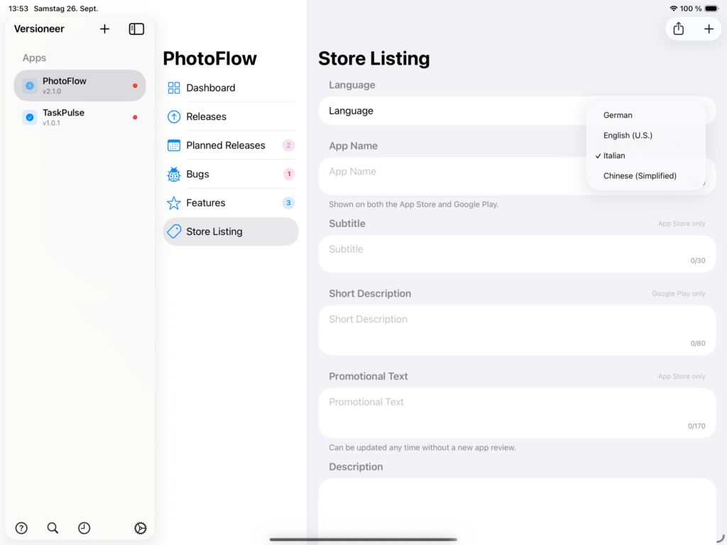Store Listing Languages View Screenshot
